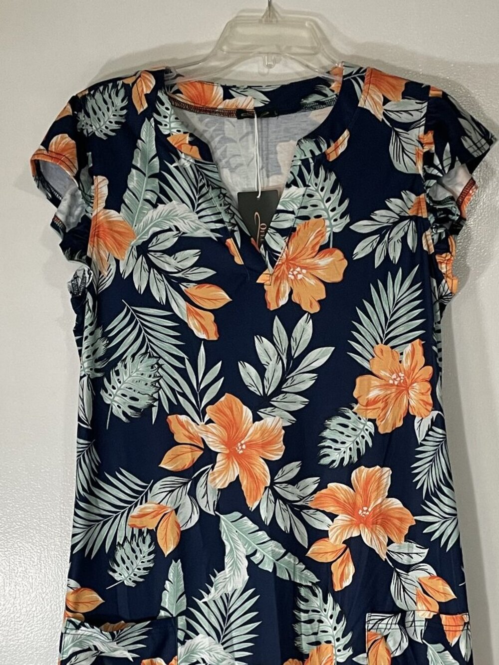 NWT Ofeefan Women’s Navy Tropical Floral Dress Cap Sleeve Lg Pockets Above Knee